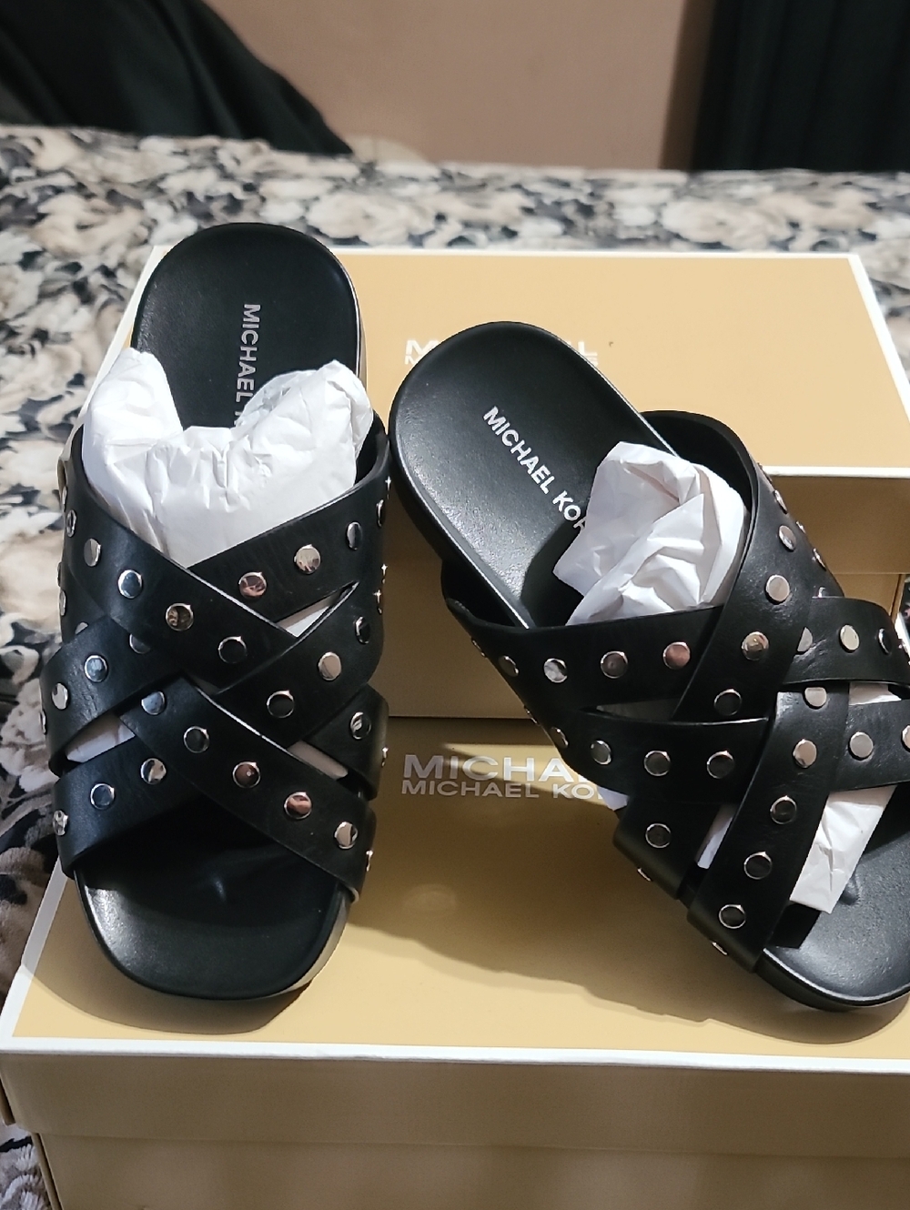 Michael Kors Black Studded Crisscross Leather Slide Mules